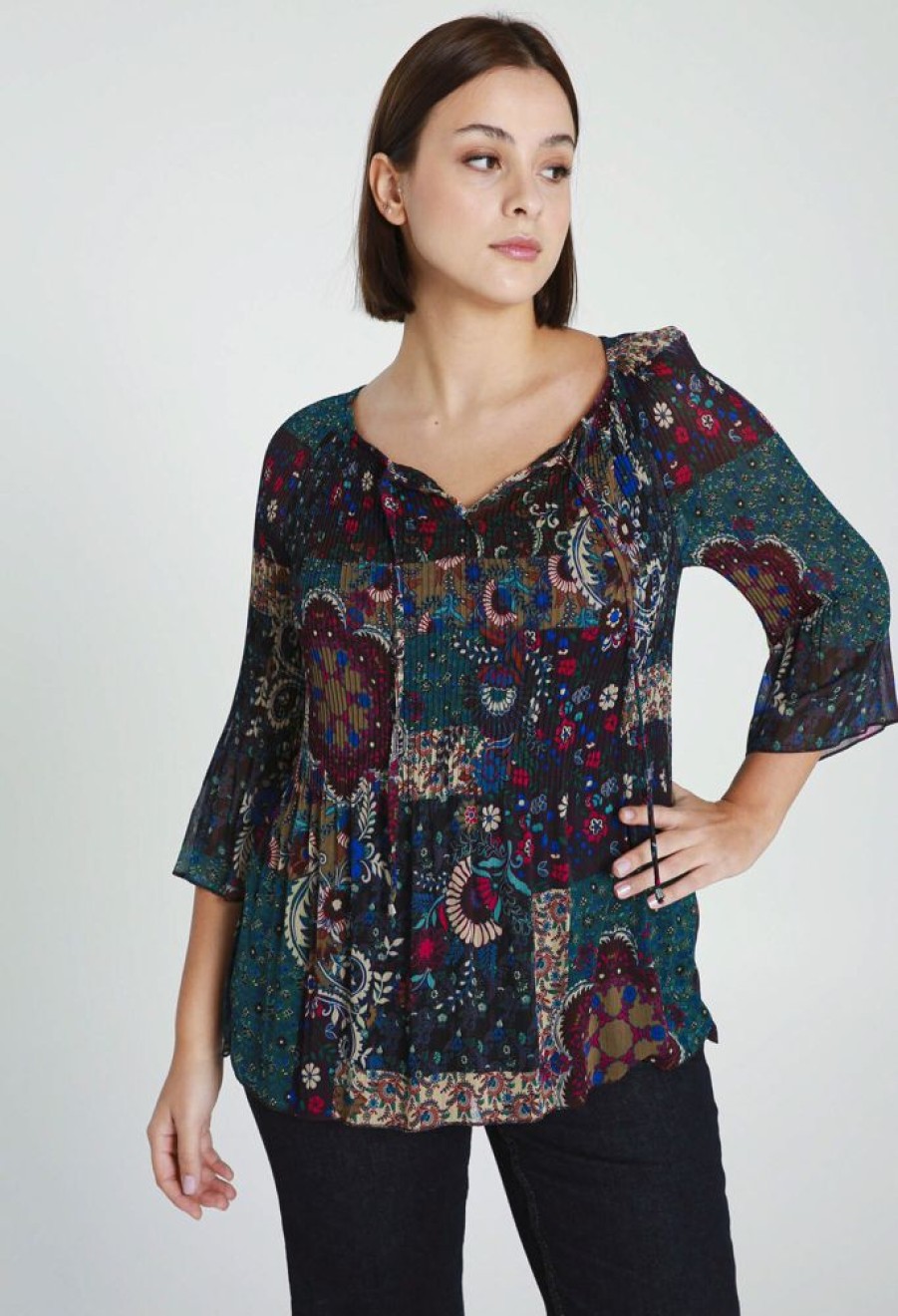 Kleding Cassis | Plisseblouse Met Patchprint Emerald Groen