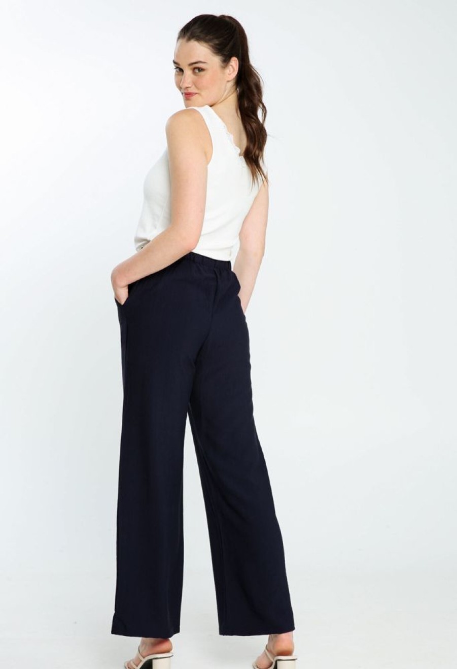 Kleding Cassis | Effen Kick-Flared Broek Met Gestreepte Riem Marineblauw