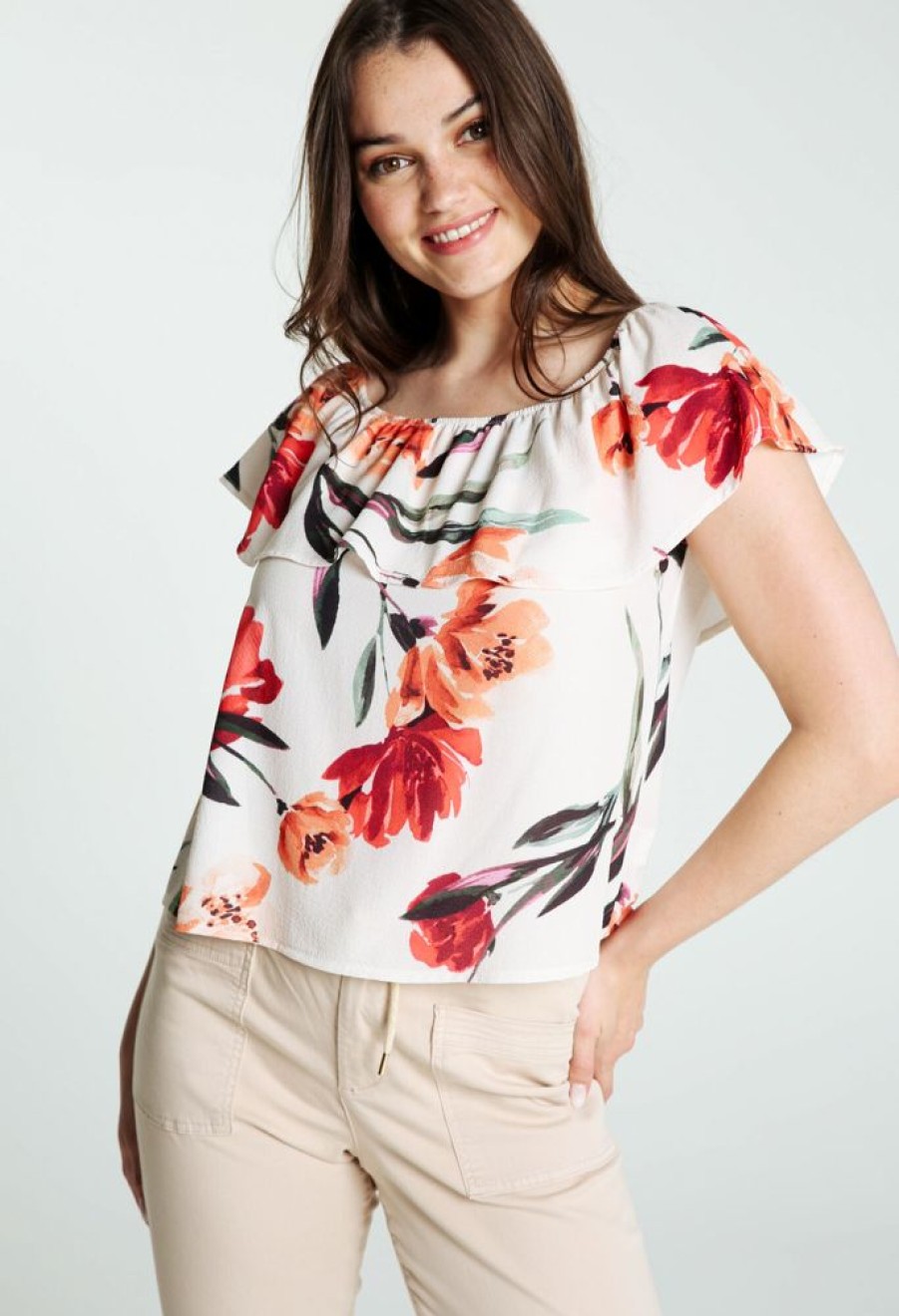 Kleding Cassis | Korte Blouse Bedrukt Met Grote Bloemen En Boothals Multicolor