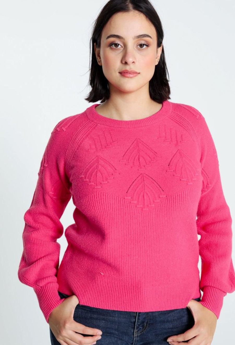 Kleding Cassis | Effen Trui Met Fantasiesteek Fushia