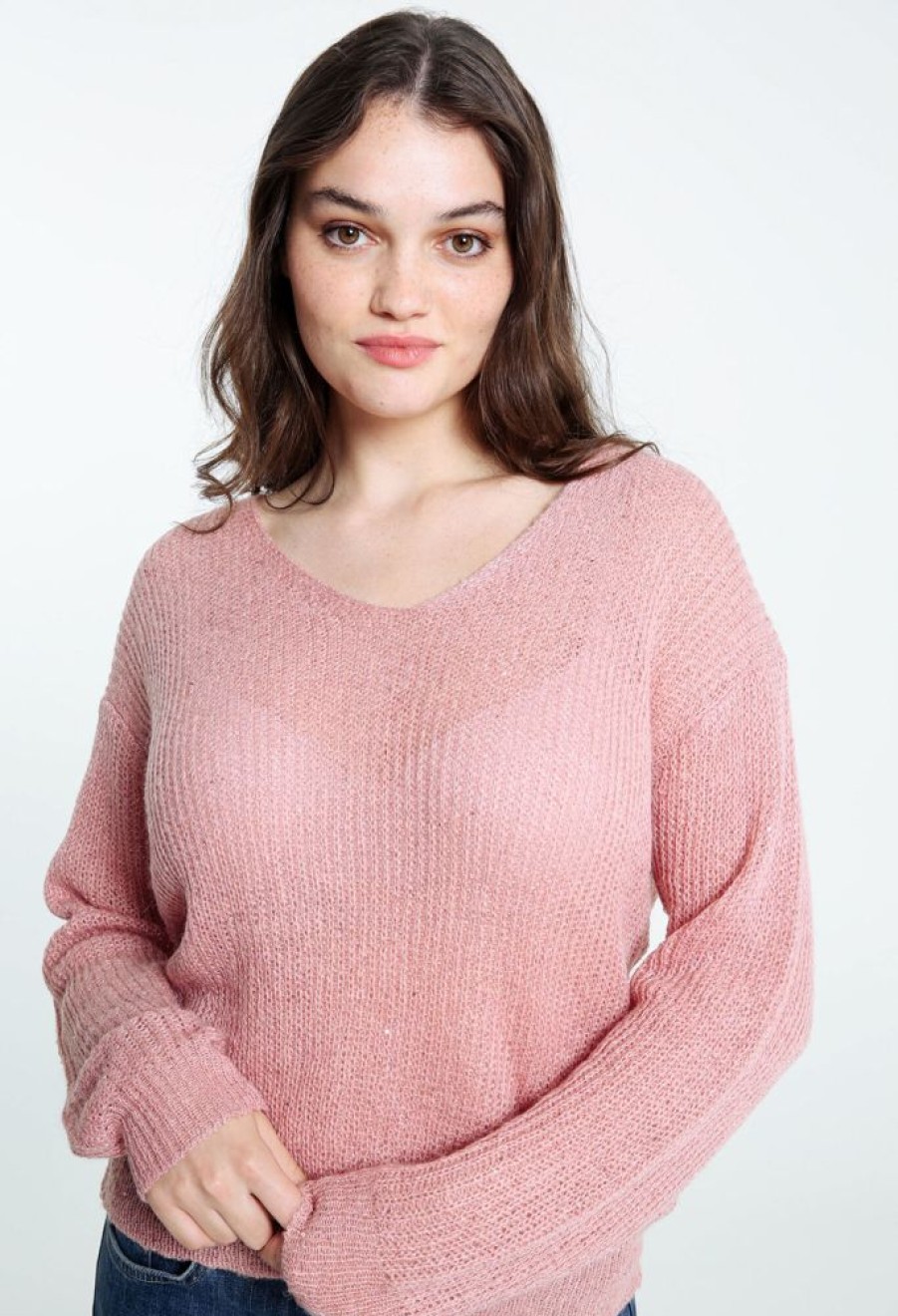 Kleding Cassis | Effen Trui Met Lurex En Mini-Paillletten Roze