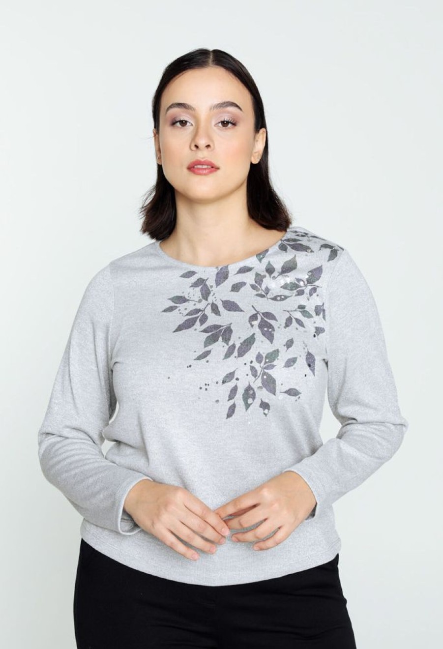 Kleding Cassis | T-Shirt Met Bloem Op De Schouder En Lurex Grijs