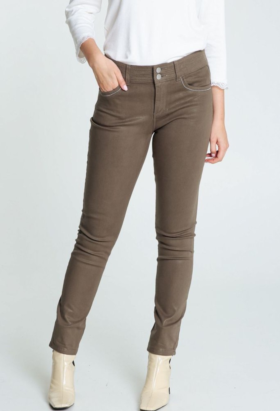 Kleding Cassis | Gecoate Slim Broek Met 5 Zakken Kaki