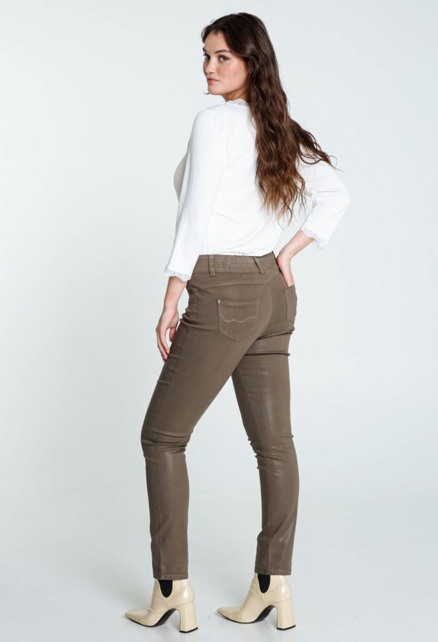 Kleding Cassis | Gecoate Slim Broek Met 5 Zakken Kaki